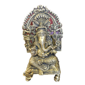 Mogul Interior - Seated Ganesha Brass Statue Indian Religious Gift God Ganesh Figurine India - Ganesh is seated on chowki with his vahana or vehicle, a rat ,with both legs tucked underneath him. He holds a noose, elephant goad, his broken tusk and a mango. Ganesh's trunk is to his left. In sculpture the position of Lord Ganesh's trunk has a symbolic meaning. If the trunk turns to the Ganesh's left, that is the direction for success in the world. It is a position associated with grihastas, or householders.
