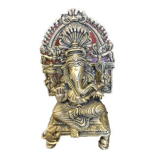 Mogul Interior - Seated Ganesha Brass Statue Indian Religious Gift God Ganesh Figurine India - Ganesh is seated on chowki with his vahana or vehicle, a rat ,with both legs tucked underneath him. He holds a noose, elephant goad, his broken tusk and a mango. Ganesh's trunk is to his left. In sculpture the position of Lord Ganesh's trunk has a symbolic meaning. If the trunk turns to the Ganesh's left, that is the direction for success in the world. It is a position associated with grihastas, or householders.