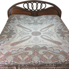 Mogulinterior - Pashmina Bedspreads Blanket Red Beige Kashmir Indian Bedding Bed Throw - Gorgeous & intricate king size Beige, red, Black, Blue, Brown Reversible Warm Jamavar Wool Indian Bedding Bedspread Bed cover in exquisite huge swirling Floral Paisley motifs with designer paisley borders Blanket from India.