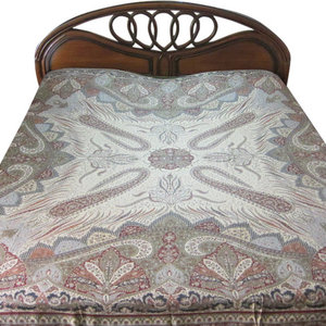 Mogulinterior - Pashmina Bedspreads Blanket Red Beige Kashmir Indian Bedding Bed Throw - Gorgeous & intricate king size Beige, red, Black, Blue, Brown Reversible Warm Jamavar Wool Indian Bedding Bedspread Bed cover in exquisite huge swirling Floral Paisley motifs with designer paisley borders Blanket from India.