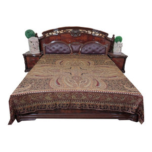 Mogul Interior - Bedspread Brown Reversible Wool Indian Bedding Blanket Throw - Gorgeous & intricate ethnic medium brown reversible warm jamavar wool Indian bedspread bed cover in exquisite huge swirling floral paisley motifs from India.