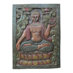 Mogul Interior - Consigned Buddha Door Panel Multicolor Patina - The Buddha is seated In earth touching gesture on double floral base hand carved colorful door panel from India.