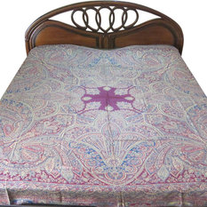 Mogul Interior - Pashmina Blanket Throw Jamawar Bedspreads Indian Bedding King Size - Gorgeous & intricate ethnic king size Purple, Black, brown, Light Blue, Brown Reversible Warm Jamavar Wool Indian Bedding Bedspread Bed cover in exquisite huge swirling Floral Paisley motifs with designer paisley borders Blanket from India.