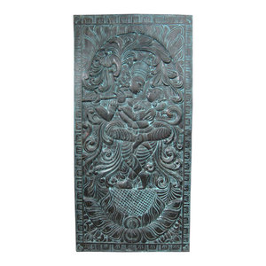 Mogul Interior - Radha Krishna Dancing Carved Wall Art Meditation Indian Decor - Hand carved wall panels of Krishna and Radha dancing under the Kadambari tree on the double lotus flower base from India.