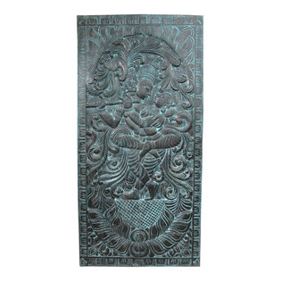 Mogul Interior - Radha Krishna Dancing Carved Wall Art Meditation Indian Decor - Hand carved wall panels of Krishna and Radha dancing under the Kadambari tree on the double lotus flower base from India.