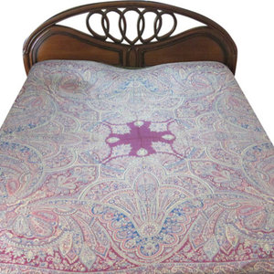 Mogul Interior - Pashmina Bedspreads Indian Bedding Blanket Pink Blue Paisley Reversible Throw - Gorgeous & intricate KING/QUEEN.size purple, maroon, Blue, Black, Brown Reversible Warm Jamavar Wool Indian Bedding Bedspread Bed cover in exquisite huge swirling Floral Paisley motifs with designer paisley borders Blanket from India.