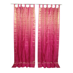 Mogul Interior - 2 Pink Gold Saree Curtain Drapes Panels Window Treatment - Brocade SARI Silk blends