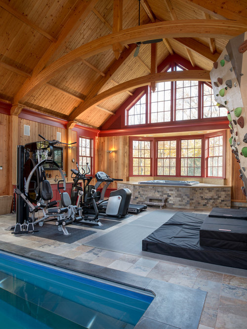 Large farmhouse multiuse home gym idea in Philadelphia with slate 