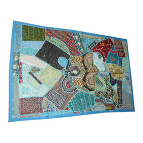 Mogul Interior - Vintage Sari Wall Hangings Blue Patchwork Tapestry - Beautifully zordosi embroidery vintage sari wall tapestry.
