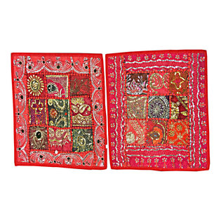 Mogul Interior - India Decor Toss Pillow Shams, 2 Red Vintage Patchwork Sari Cushion Covers 16" - The ethnic combination of gujrati embroidery and stunning vibrant colors, sari tapestry patchwork and sequin embroidered that shows India's rich cultural heritage.
