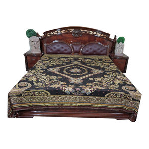 mogulinterior - Mogul Boho Bedcover Black Ivory Floral Reversible Blanket India Bedding - Wool Blends with Rayon