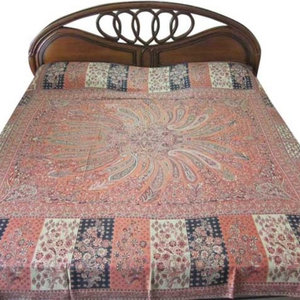 Mogul Interior - Pashmina Indian Bedding Cashmere Bedspreads Sofa Throw Orange Black Medallion - Gorgeous & intricate ethnic medium Orange, Ivory, Black reversible warm jamavar wool Indian bedspread bed cover in exquisite huge swirling floral paisley motifs from India.