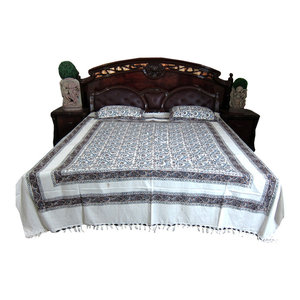 Mogul Interior - White Floral Printed Indian Cotton Tapestry Bedspreads With Pillows, Set Of 3 - Handloom Cotton