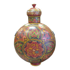 Mogul Interior - Consigned Metal Vase Floral Decorative Hand Painted Pot With Lid - *Beautiful retro & unique colorful hand painted Metal pot......