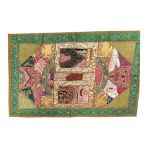 Mogulinterior - Indian Vintage Style Embroidered Green Wall Hanging Patchwork Home Decor - This beautiful and intricately embroidered tapestry in rich captivating colors and an assortment of beads and sequins is a intense piece or workmanship.Hand embroidered patches with floral, paisley and Indian motifs in a gorgeous array of design, add to the allure of our beautiful sari wall hanging.
