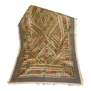 Mogul Interior - Dark Grey Sofa Throw, Vintage Kutch Style Textile Sari Hand Embroidered Tapestry - Gorgeous & creative rectangular shape exquisite multi color Sofa Throw/ Bedspread has intricate mirror and hand embroidery works add ethnic touch to your home.