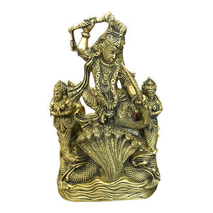 Mogulinterior - Krishna Brass Statue Lord Krishn Dancing on Serpent Kaliya- The Dance of Victory - Lord Krishna was a dynamic incarnation of Vishnu. He was an Avatar, in the sense that He was totally attuned to the Supreme consciousness from His very birth. He has several other popular names such as Madhava, Mukunda, Murari, Shyam and Gopala.