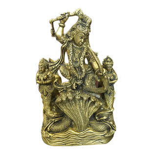 Mogulinterior - Krishna Brass Statue Lord Krishn Dancing on Serpent Kaliya- The Dance of Victory - Lord Krishna was a dynamic incarnation of Vishnu. He was an Avatar, in the sense that He was totally attuned to the Supreme consciousness from His very birth. He has several other popular names such as Madhava, Mukunda, Murari, Shyam and Gopala.
