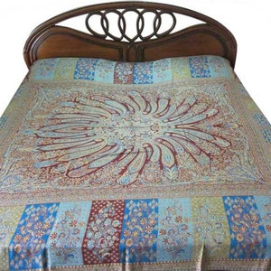 Mogul Interior - Yoga Throw Pashmina Blanket Jamawar Cashmere Bedspreads Indian Bedding King - Gorgeous & intricate ethnic Red, Blue, yellow reversible warm jamavar wool Indian bedspread bed cover in exquisite huge swirling floral paisley motifs from India.