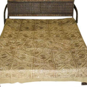 Mogul Interior - Embroidered Bedspreads Throws Coverlet India Khaki Pacca Hand Work Bed Cover - A dazzling Bedspread embroidery done by using silk threads, mirror and work adds to the glittering sari Indian Bedding.