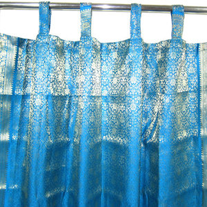 Mogul Interior - 2 India Curtains Turquoise Blue Gold Brocade Sari Drapes Panels Window Treatment - Brocade Silk blend curtains actually gives a great impact to get the luxurious look of a room design.