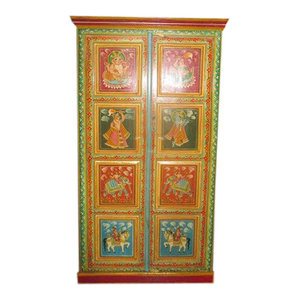 Mogul Interior - Consigned Antique Painting Ganesha Armoire Indian Hand Crafted Indian Cabinet - The NEW Armoire comes from India and is a 20th century vintage cabinet brought to you by MOGULINTERIOR