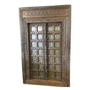 Mogul Interior - Antique Indian Doors haveli Style Hand Carved Reclaimed Teak Doors  and Frame - The door comes from India and are a  19 century vintage haveli pieces.