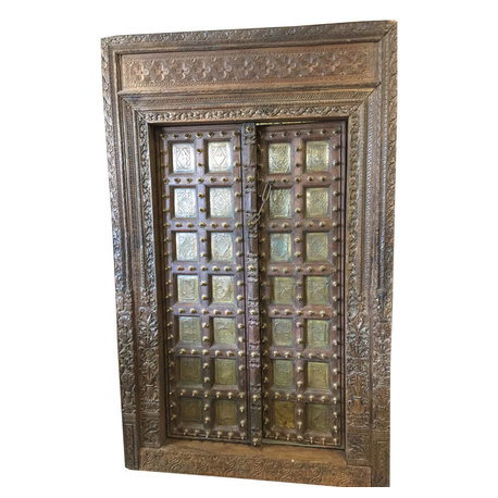 Mogul Interior - Antique Indian Doors haveli Style Hand Carved Reclaimed Teak Doors  and Frame - Interior Doors