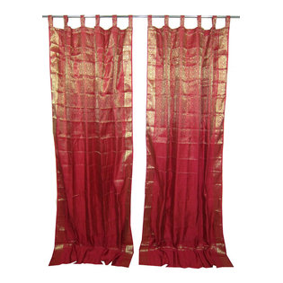Mogul Interior - 2 India Sari Curtains Dark Red Gold Brocade Indian Silk Saree Drapes - Brocade Silk blend curtains actually gives a great impact to get the luxurious look of a room design.