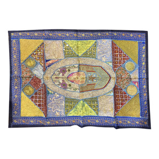 Mogul Interior - Consigned Indian Wall Hangings Boho Tapestry Art Decor - Traditional ethnic Room Decor handmade wall hanging tapestry has Antique Red colors with silver,gold sparking beads,green patches.