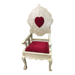 Mogul Interior - Consigned Antique Queen Of Hearts Chair, Red Velvet Cushion Chair, Mughal - This is a really unique Queen of Hearts Chair Red Padded Cushion Chair-Beautiful Floral Hand carving Furniture //  Creative Chair Design Ideas.