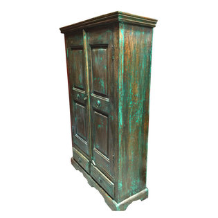 Mogul Interior - Consigned India Cabinet Distressed Green Teak Rustic Armoire - A true home decor Armoire from a village just outside of Rajasthan, India.
