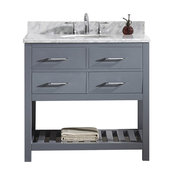 Virtu Caroline Estate 36" Single Bathroom Vanity, Gray With Marble Top, Mirror