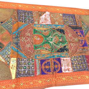 Mogul Interior - Consigned Orange Wall Hanging Sari Patch Tapestry - Bohemian Style Decor handmade wall hanging tapestry has Orange colors with golden sparking beads,Brown,Green,Blue patches.