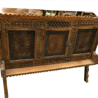 Mogul Interior - Antique Indian Sideboard Chest Dresser Vastu Chakra Carved Vintage Teak Wood Rus - Brown patina manjoosh, deeply hand carved vastu chakra designs, wooden sideboard chest.