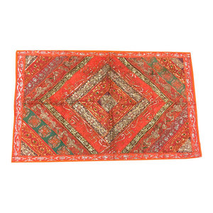 Mogulinterior - Indian Bohemian Wall Hanging Orange Tapestry Embroidery Sequins Sari Patchwork - Square Orange Patchwork Sari tapestries are handmade from vintage embroidered saris and Zardozi patches and are beautifully exotic creations.This beautiful and intricately embroidered tapestry in rich captivating colors and an assortment of beads and sequins is a intense piece or workmanship.Hand embroidered patches with Swastic, paisley and Indian motifs in a gorgeous array of design.