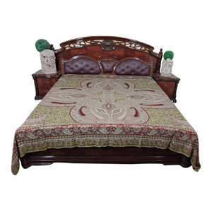 Mogul Interior - Red Green Jamawar Cashmere Bedding Bedspreads - Gorgeous & intricate ethnic medium Red and Green reversible warm jamavar wool Indian bedspread bed cover in exquisite huge swirling floral paisley motifs from India.