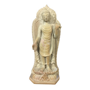 Mogulinterior - Standing Gandhar Buddha in Varada Mudra Gorara Stone Statue 9" - Varada Means Compassion, Sincerity and Wish Granting. Thus this mudra symbolizes the energy of compassion, liberation and an offering of acceptance.It is made with the right hand raised to shoulder height, the arm crooked, the palm of the hand facing outward, and the fingers upright and joined. The left hand hangs down at the side of the body.