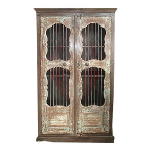 Mogul Interior - Consigned Antique Mogul Iron Jali Doors Cabinet Cupboard Reclaimed Wood Armoire - The cabinet comes from India and is made from 19 century vintage pieces.