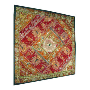 Mogulinterior - Sitara Indian Wall Hanging Tapestry Orange Red Sequins Patchwork - Orange Red Sari tapestries are handmade from vintage embroidered saris and Zardozi patches and are beautifully exotic creations For Home Decor.