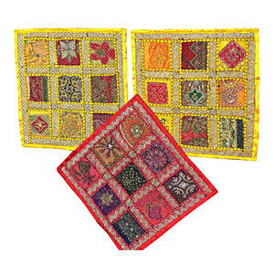 Mogul Interior - Yellow Indian Pillows Covers, Embroidered Vintage Sari Cushion Covers 16x16 - The ethnic combination of gujrati embroidery and stunning vibrant colors, sari tapestry patchwork and sequin embroidered that shows India's rich cultural heritage.