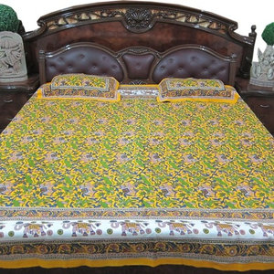 Mogul Interior - Ethnic Indian Bedding Cotton Bedspread Pear Green Bedroom Decor - This bedspread set comes to you from India.Elegant pear green clolor printed white base cotton bedspread.