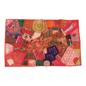 Mogulinterior - Indian Bohemian Sequins Moti Patchwork Handmade Tapestry Wall Hanging Throw - Red Orange, Yellow and gold thread work , the colors of the tapestry scintillate you visually and add a dramatic statement to your decor.This beautiful and intricately embroidered tapestry in rich captivating colors and an assortment of beads and sequins is a intense piece or workmanship.Hand embroidered patches with floral, paisley and Indian Sitara moti in a gorgeous array of design, add to the allure of our beautiful sari wall hanging.