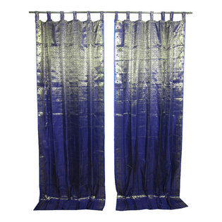Mogul Interior - 2 Sari Curtains Navy Blue Brocade Silk Sari Window Panels Drapes Curtain Window - Brocade SARI Silk blends
