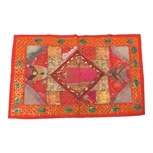 Mogulinterior - Indian Wall Hanging Orange Tapestry Embroidery Sequins Sari Patchwork - Square Orange,Red,Pink Patchwork Sari tapestries are handmade from vintage embroidered saris and patches and beautifully exotic creations.This beautiful and intricately embroidered tapestry in rich captivating colors and an assortment of beads and sequins is a intense piece or workmanship.Hand embroidered patches with , paisley and Indian motifs in a gorgeous array of design, add to the allure of our beautiful sari wall hanging.