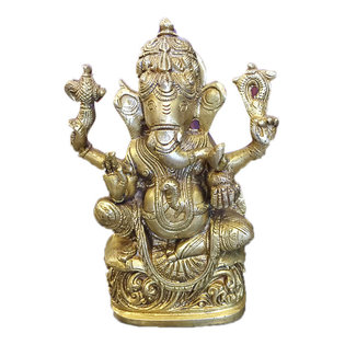 Mogul Interior.com - Ganesha Statue Spiritual Indian Art Sculpture Hindu Decor Brass Figurine 6.5" - Ganesha Statue Hindu Elephant God Lord Ganesha Brass figurine from india.