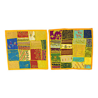 Mogul Interior - Indian Style Decor Embroidery Throw Pillow Case Yellow Cushion Cover 16x16 - The ethnic combination of gujrati embroidery and stunning vibrant colors, sari tapestry patchwork and sequin embroidered that shows India's rich cultural heritage.