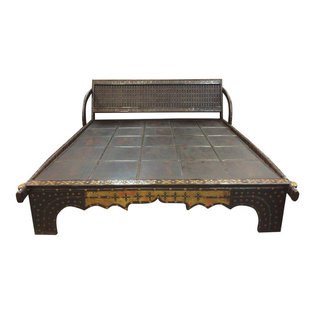 Mogul Interior - Consigned Rustic Indian Oxcart Dark Wood Diwan With Brass Accents Distressed - A rare and beautiful day bed with an elaborate carved brass accents headboard.