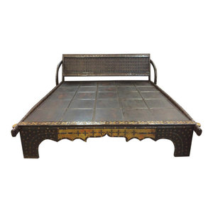 Mogul Interior - Consigned Rustic Indian Oxcart Dark Wood Diwan With Brass Accents Distressed - A rare and beautiful day bed with an elaborate carved brass accents headboard.