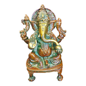 Mogulinterior - Ganesh Brass Statue Sitting Hindu God Ganesha Sculpture Prayer Temple Decor - Ganesha Statue Hindu Elephant God Lord Ganesha Brass figurine from india.